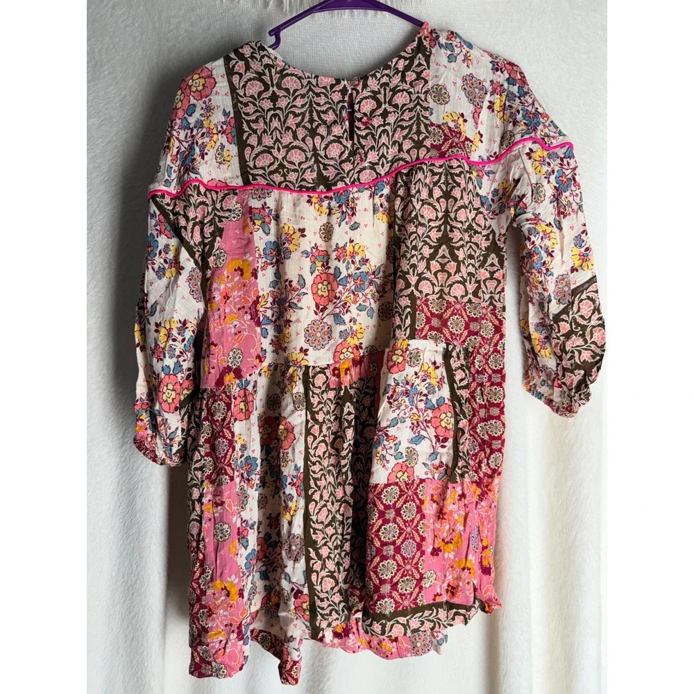 Zara Kids Girls Patchwork Floral Tiered Dress Pink Brown Size 11-12 Boho